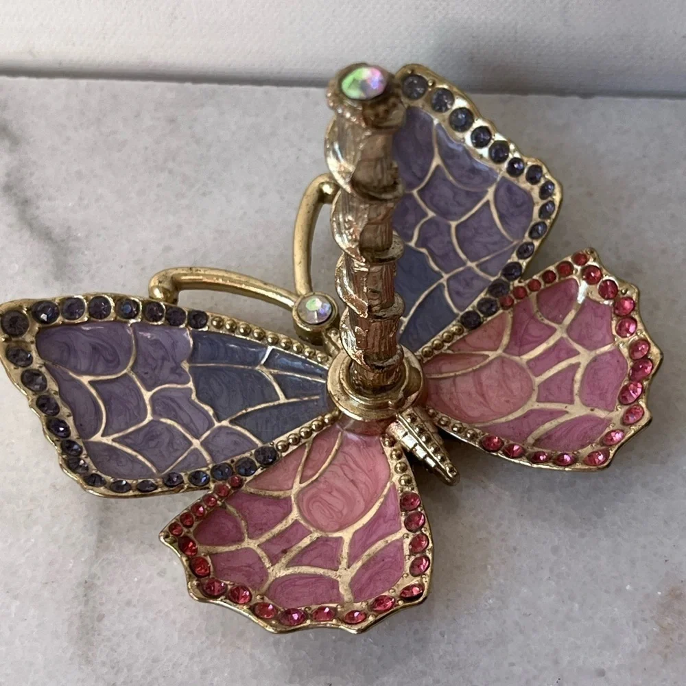 Pink purple Enamel and Gold Plated Butterfly Jewelry Ring Holder w/ Crystals